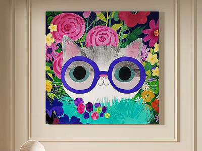 Colorful Cat Animal Painting With Purple Glasses And Vibrant Flowers Artwork 3d model