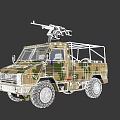 Military Style Utility Vehicle With Camouflage Paint Roof Mounted Machine Gun And Off Road Capabilities