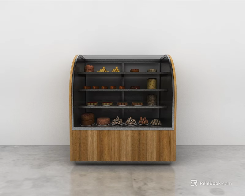 Curved Wooden Commercial Freezer with Glass Door and Multiple Shelves for Pastry 3d model 