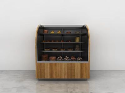 Curved Wooden Commercial Freezer with Glass Door and Multiple Shelves for Pastry 3d model