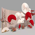 Chinese Style Photo Check in Spot With Red White Fans And Flower Branches