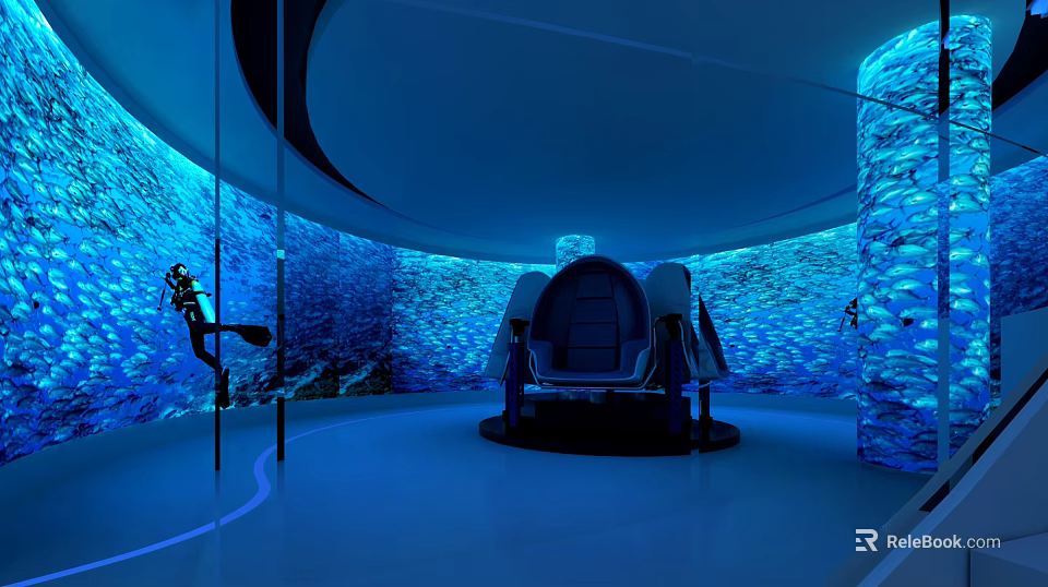 Blue Illuminated Interior With Aquarium Walls Comfortable Seat And Circular Design 3d model 