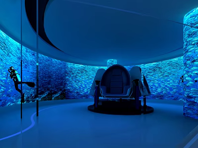 Blue Illuminated Interior With Aquarium Walls Comfortable Seat And Circular Design 3d model