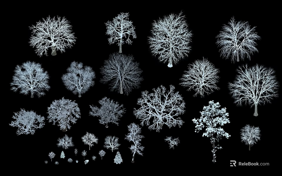 Various Arbor Trees Silhouette Collection With Different Sizes And Shapes On Black Background 3d model 