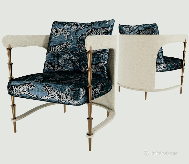 Blue Tiger Pattern Single Chair With Gold Metal Frame And Armrests 3d model 