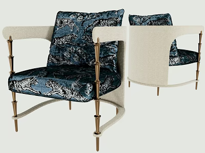 Blue Tiger Pattern Single Chair With Gold Metal Frame And Armrests 3d model