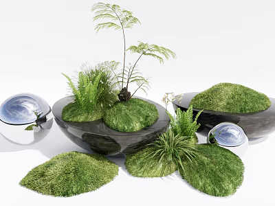 Lush Green Bonsai Potted Plants In Round Stone Containers With Ferns And Silver Spheres 3d model