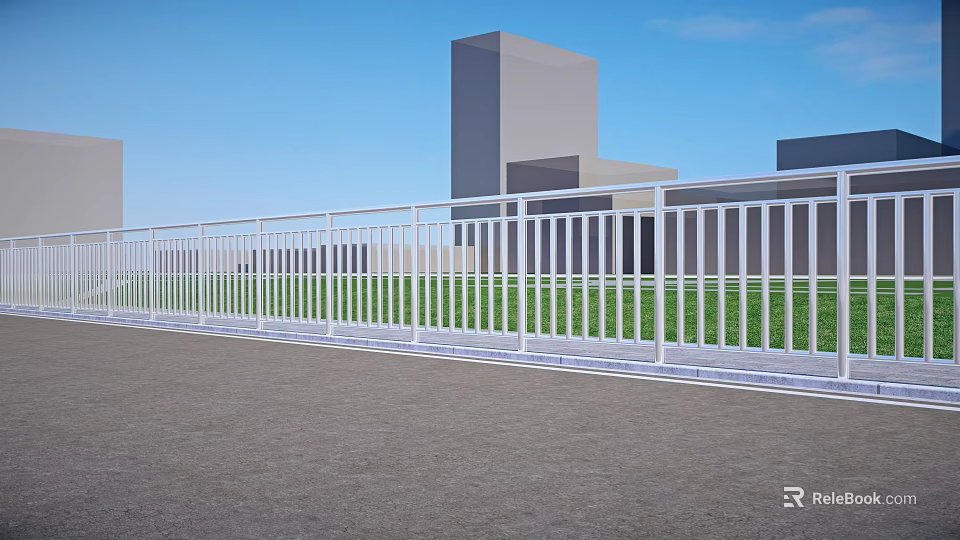 White Railings Along Modern Buildings With Blue Sky Green Grass And Gray Ground 3d model 