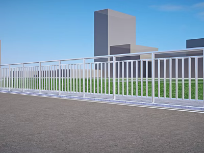 White Railings Along Modern Buildings With Blue Sky Green Grass And Gray Ground 3d model