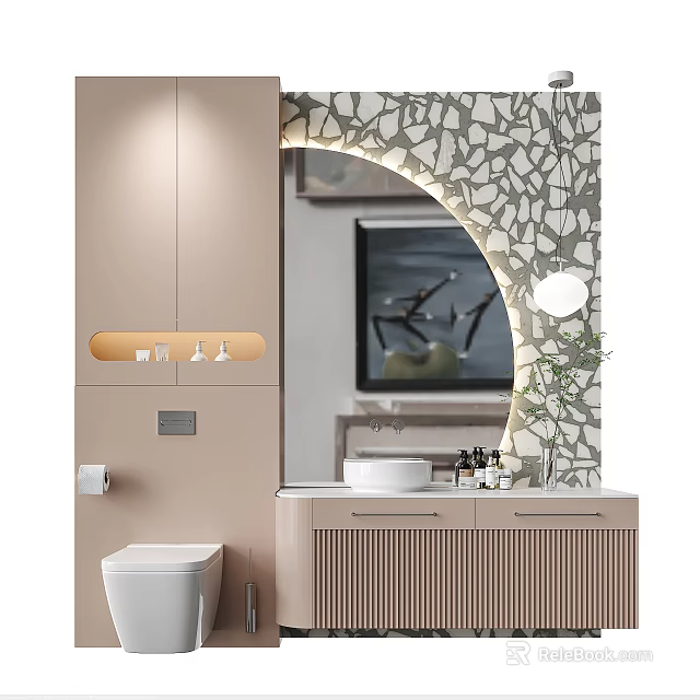 Elegant Bathroom Vanity Featuring Circular Mirror Stone Patterned Wall And Light Brown Vertical Stripe Cabinet 3d model 