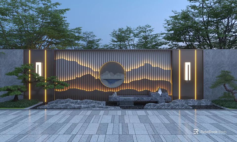 Scenic Wall with Wooden Slats Circular Mountain Pattern Soft Lighting Stones and Trees 3d model 