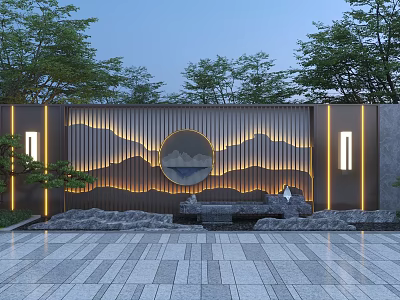 Scenic Wall with Wooden Slats Circular Mountain Pattern Soft Lighting Stones and Trees 3d model