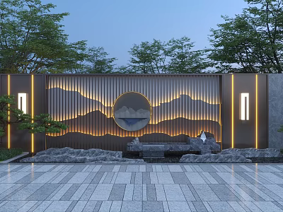 Scenic Wall with Wooden Slats Circular Mountain Pattern Soft Lighting Stones and Trees 3d model