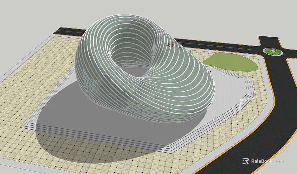 Spiral Modern Architectural Structure With Glass Facade Plaza And Green Space 3d model 