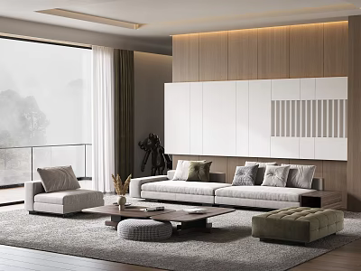 Modern Living Room Sofa And Coffee Table Set With Wooden Wall Panel And Large Window View 3d model