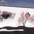 Garden Plant Combination With Pink Blossom Trees White Wall Black Lattice And Stone Ground