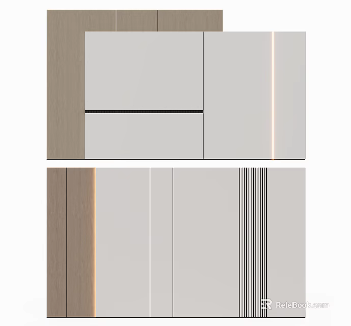 Modern Sofa Background Wall Interior Design With Wooden Panels And Linear Striped Lighting 3d model