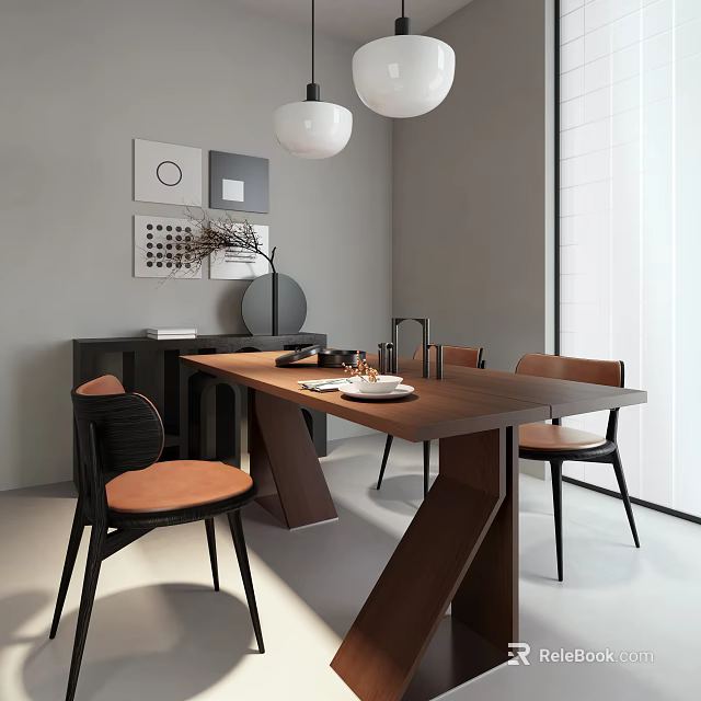 Modern Restaurant Dining Area With Wooden Table Leather Chairs Decorative Wall Art And Pendant Lights 3d model 
