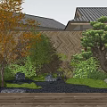 Japanese Courtyard Garden With Orange Leaf Tree Pine Bamboo Fence Stones And Wooden Deck