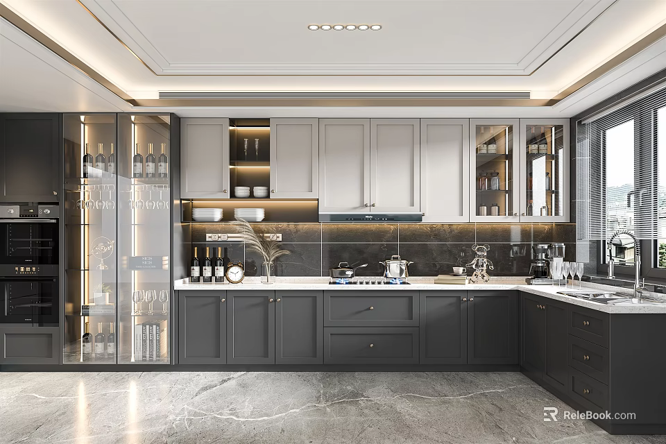 Modern Kitchen Interior Design With Gray Cabinets Island Counter And Appliances 3d model 