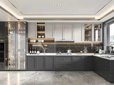 Modern Kitchen Interior Design With Gray Cabinets Island Counter And Appliances 3d model