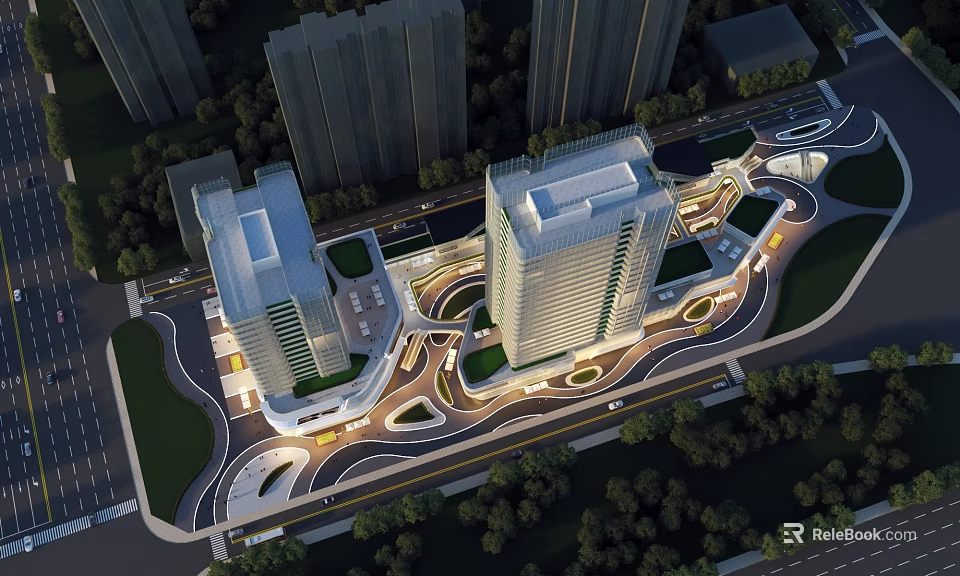 Modern Commercial Street With Tall Buildings Curved Roadways Greenery And Plaza Lighting 3d model 