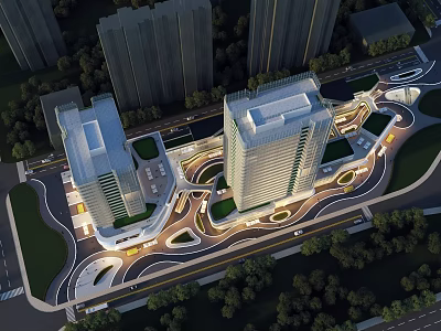 Modern Commercial Street With Tall Buildings Curved Roadways Greenery And Plaza Lighting 3d model