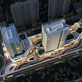 Modern Commercial Street With Tall Buildings Curved Roadways Greenery And Plaza Lighting