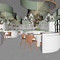Elegant Modern Restaurant Interior Design With Green Pendant Lights White Bar Counters And Brown Chairs