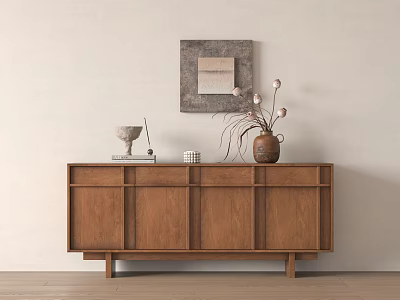 Modern Wooden Entryway Side Cabinet With Decorative Vase And Ornaments On Top 3d model
