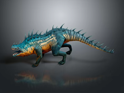 Spiked Creature Character In Walking Stance With Teal And Orange Scales 3D Render 3d model