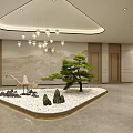 Modern Hotel Corridor Interior With Hanging Chandelier Potted Pine Tree And Marble Floor