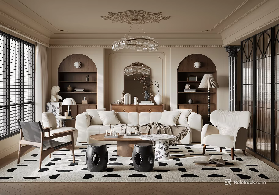 Elegant Living Room Interior With Arch Bookshelves Chandelier Cream Sofa Armchairs Patterned Rug 3d model 