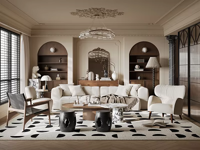 Elegant Living Room Interior With Arch Bookshelves Chandelier Cream Sofa Armchairs Patterned Rug 3d model