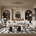 Elegant Living Room Interior With Arch Bookshelves Chandelier Cream Sofa Armchairs Patterned Rug