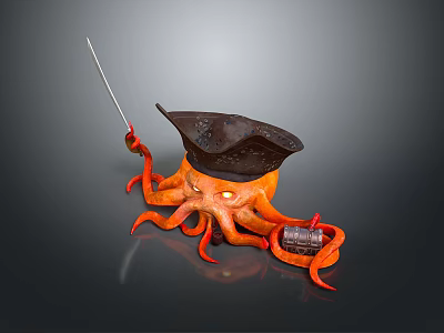 Playful 3D Octopus Wearing Pirate Hat Holding Sword With Small Barrel 3d model