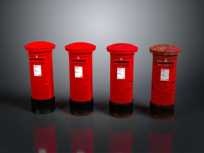Four Red Post Boxes Arranged In Row With Rusty And New Exteriors 3d model