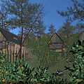 Wooden Vacation Cottages with Triangular Roofs Surrounded by Trees Orange Fruits Green Grass and Stones