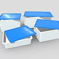 White Storage Boxes With Blue Lids Some Open And Some Closed