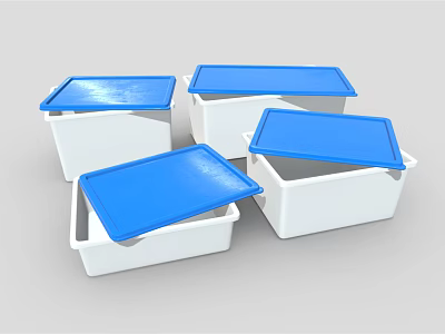 White Storage Boxes With Blue Lids Some Open And Some Closed 3d model
