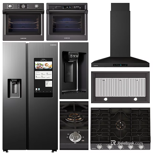 Modern Black Kitchen Appliances Including Refrigerator Oven Range Hood And Gas Stove 3d model 