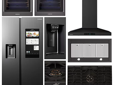 Modern Black Kitchen Appliances Including Refrigerator Oven Range Hood And Gas Stove 3d model