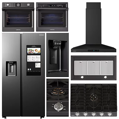 Modern Black Kitchen Appliances Including Refrigerator Oven Range Hood And Gas Stove 3d model