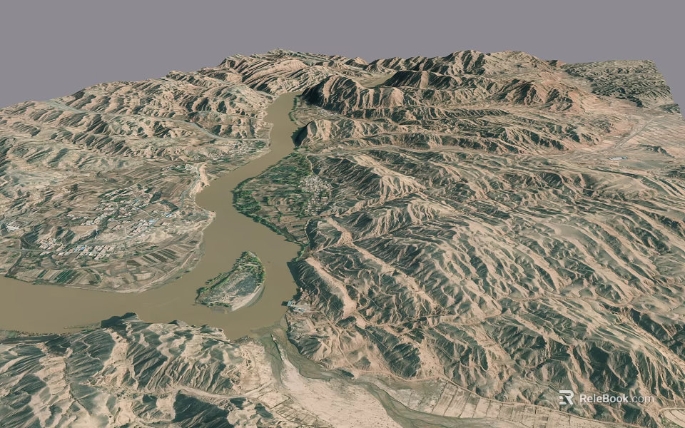 Aerial View Of Mountainous Terrain With Winding River And Rugged Ranges 3d model 