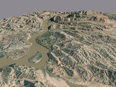 Aerial View Of Mountainous Terrain With Winding River And Rugged Ranges 3d model
