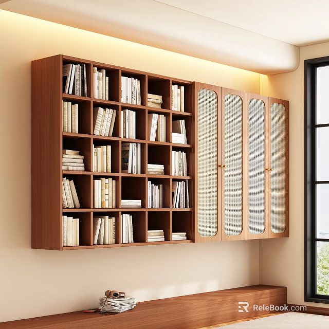 Modern Wooden Bookcase with Open Shelves Lattice Cabinet Doors and Books 3d model 