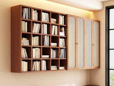 Modern Wooden Bookcase with Open Shelves Lattice Cabinet Doors and Books 3d model