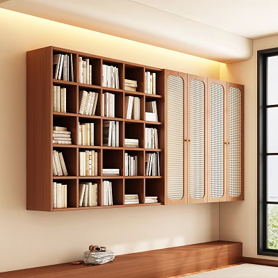 Modern Wooden Bookcase with Open Shelves Lattice Cabinet Doors and Books 3d model