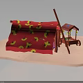 Red Furniture With Yellow Flower Pattern Covered By Cloth And Red Pole
