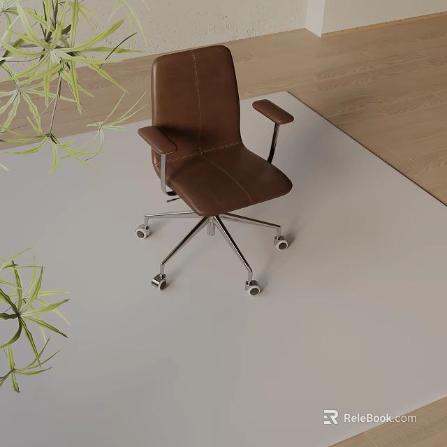 Brown Leather Office Chair with Armrests and Wheels Near Green Plants on Light Floor 3d model 